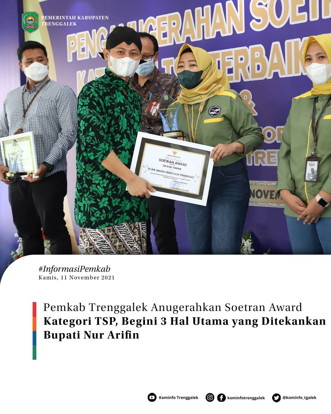 Pemkab Trenggalek Anugerahkan Soetran Award Karegori TSP, Begini 3 Hal Utama Yang di Tekankan bupati Nur Arifin