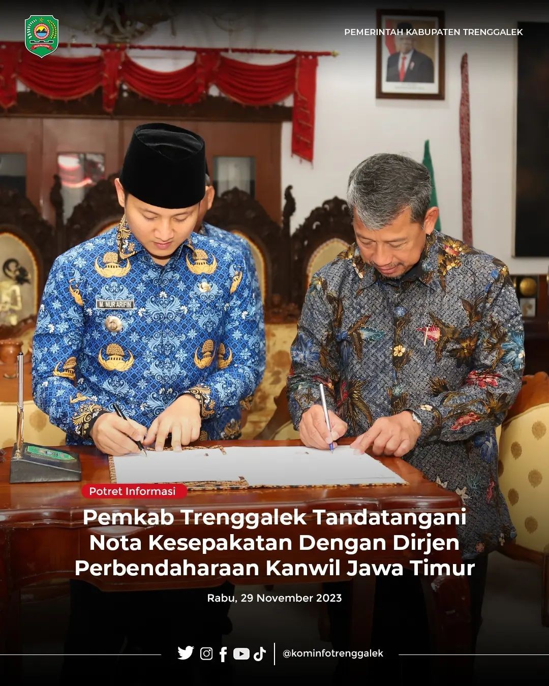 Pemkab Trenggalek Tandatangani Nota Kesepakatan Dengan Dirjen Perbendaharaan Kanwil Jawa Timur