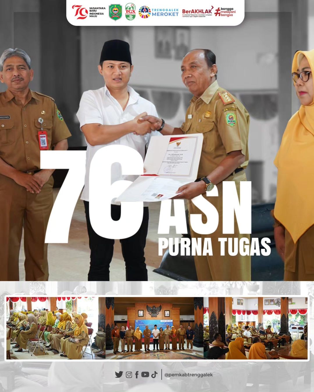 Bupati Trenggalek Serahkan Surat Keputusan Bupati Tentang Purna Tugas Kepada 76 PNS Pemkab Trenggalek